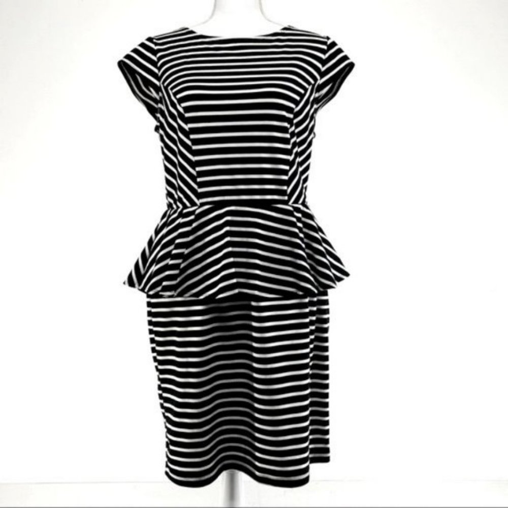 MOSSIMO / Black & White Stripe Peplum Dress / Large / Goth Office Emo Retro Punk
